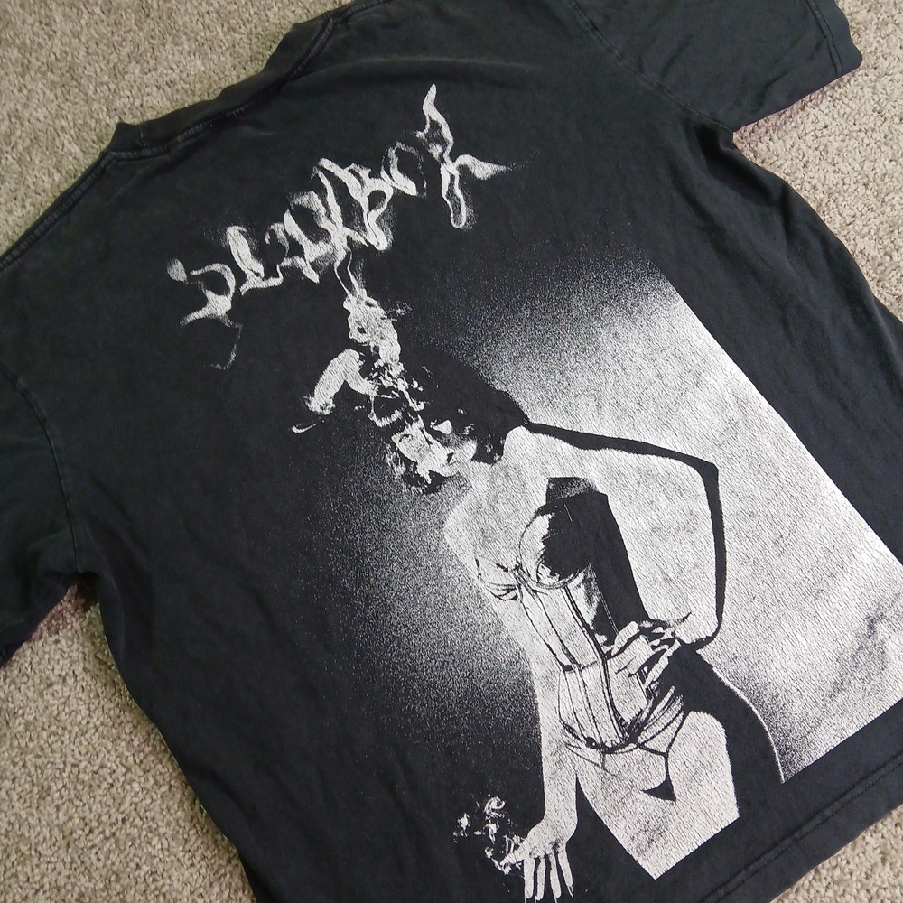 Playboy by PacSun Mens Faded Black Graphic T-Shirt Corset Bunny Logo Large Print